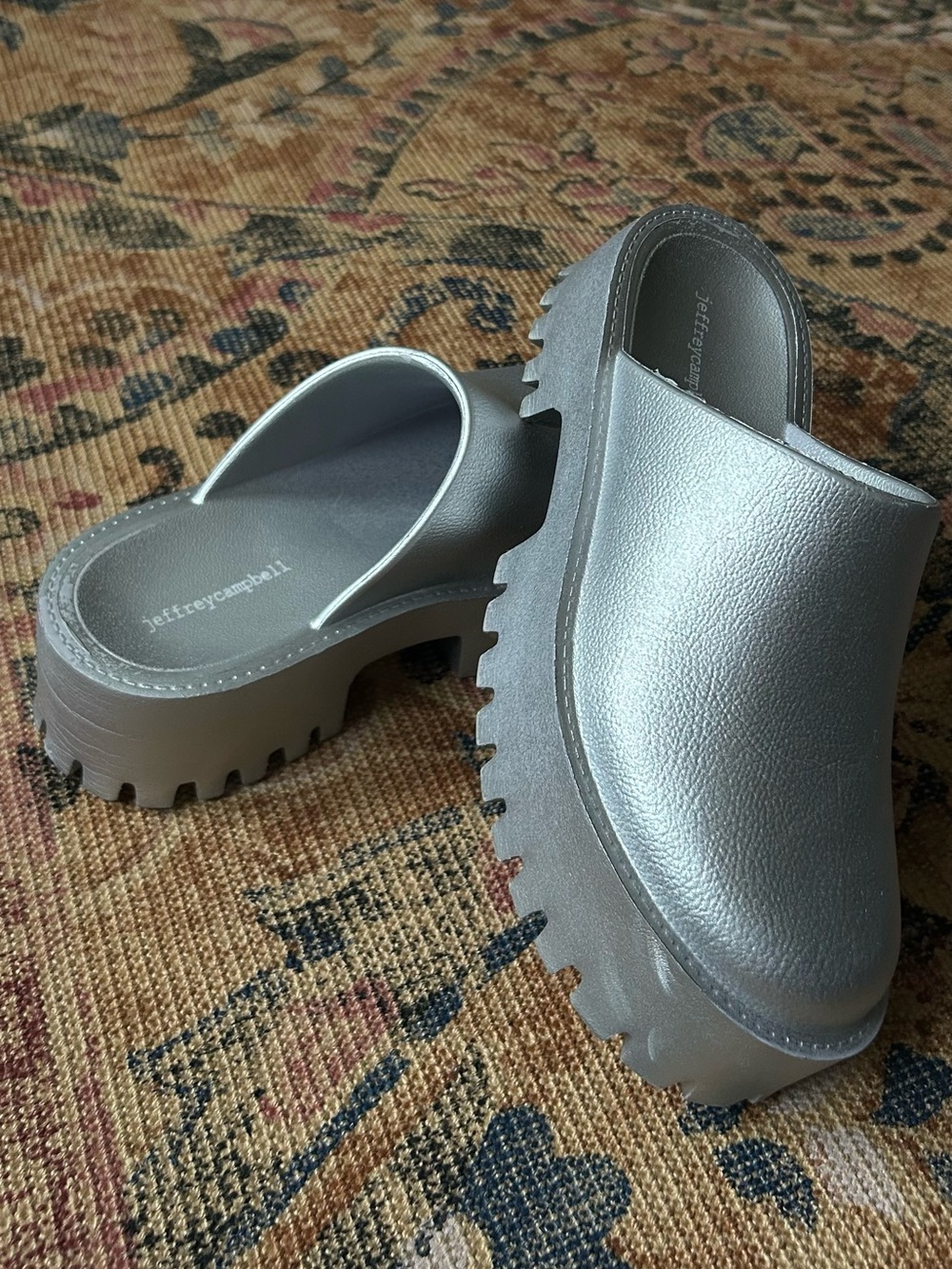 Jeffrey Campbell Metallic Silver Lug Clog Mules